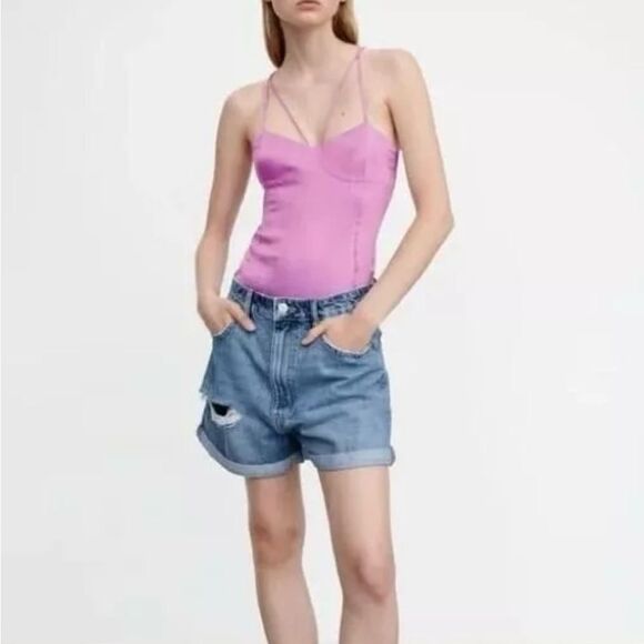 Zara Tops - Zara Pink Satin Hidden Zip Snap Button Strappy Effect Bodysuit Medium